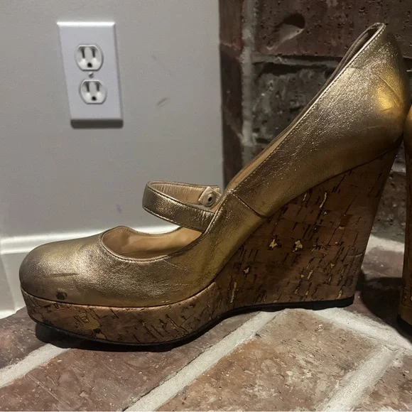 Christian Louboutin Metallic Gold Leather Cork Platform Wedge Mary Jane - Picture 6 of 16